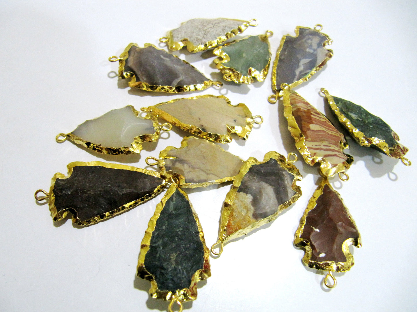 2 Pcs Set Natural Jasper Gold Electroplated Edge Double Loop Arrowhead Connector Charms Pendant Size 1 to 1.5 Inches Long