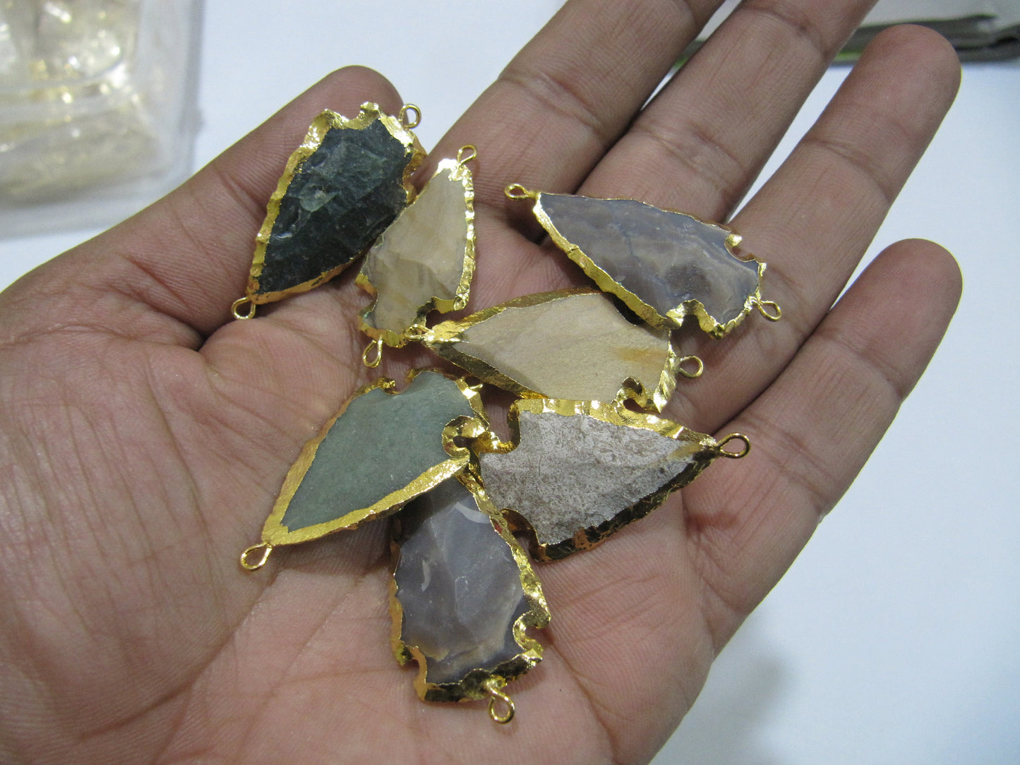 2 Pcs Set Natural Jasper Gold Electroplated Edge Double Loop Arrowhead Connector Charms Pendant Size 1 to 1.5 Inches Long