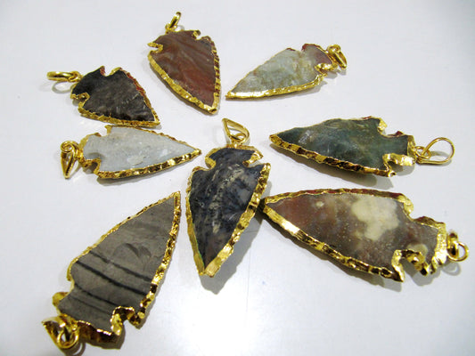 2 Pcs Set Natural Jasper Gold Electroplated Edge Single Loop Arrowhead Connector Charms Pendant Size 2 to 2.5 Inches Long