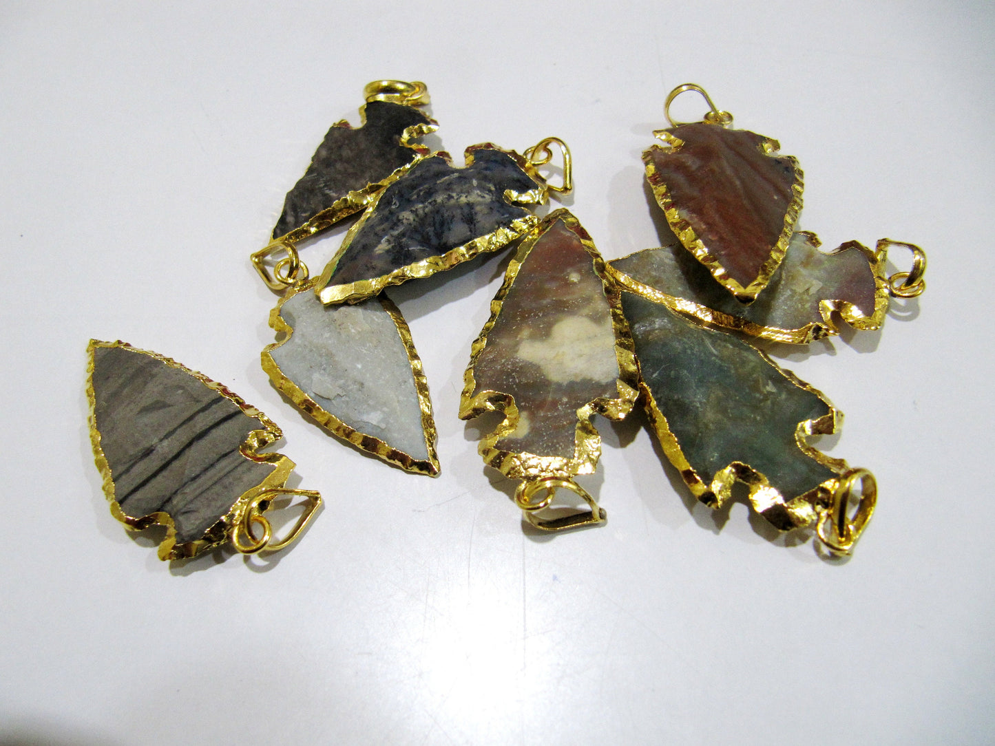 2 Pcs Set Natural Jasper Gold Electroplated Edge Single Loop Arrowhead Connector Charms Pendant Size 2 to 2.5 Inches Long