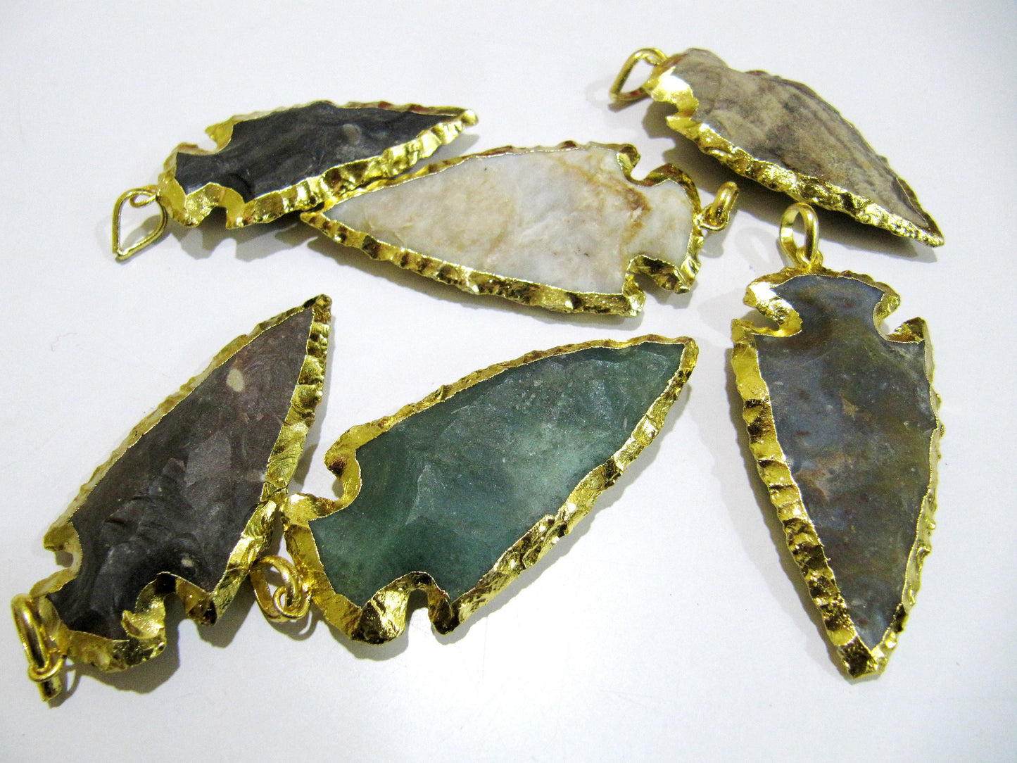 2 Pcs Set Natural Jasper Gold Electroplated Edge Single Loop Arrowhead Connector Charms Pendant Size 3 to 3.5 Inches Long