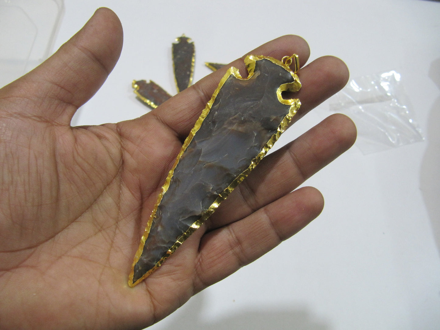 2 Piece Set Natural Jasper Gold Electroplated Edge Single Loop Arrowhead Connector Charms Pendant Size 4 to 5 Inches Long