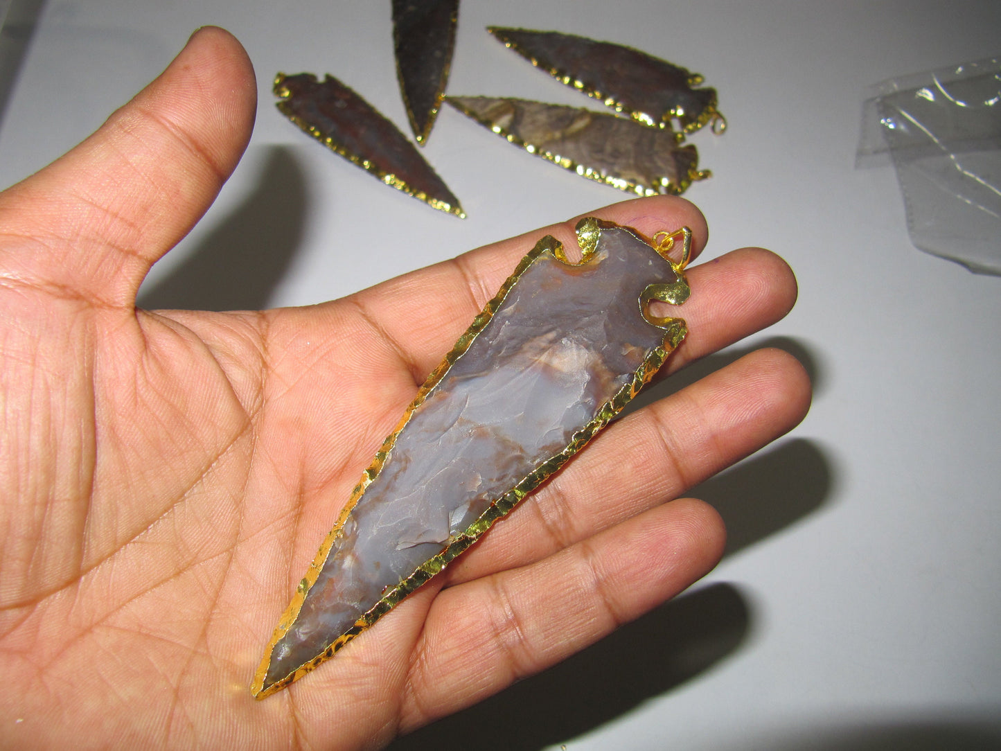 2 Piece Set Natural Jasper Gold Electroplated Edge Single Loop Arrowhead Connector Charms Pendant Size 4 to 5 Inches Long