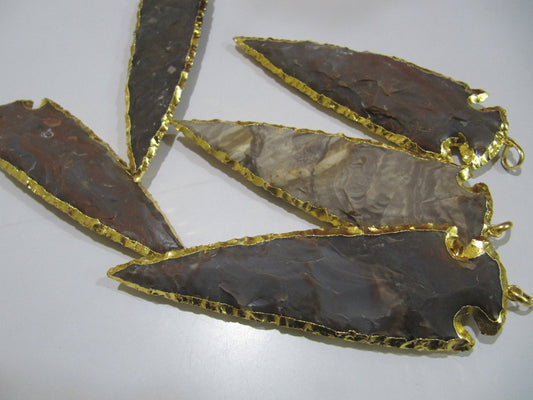 2 Piece Set Natural Jasper Gold Electroplated Edge Single Loop Arrowhead Connector Charms Pendant Size 4 to 5 Inches Long