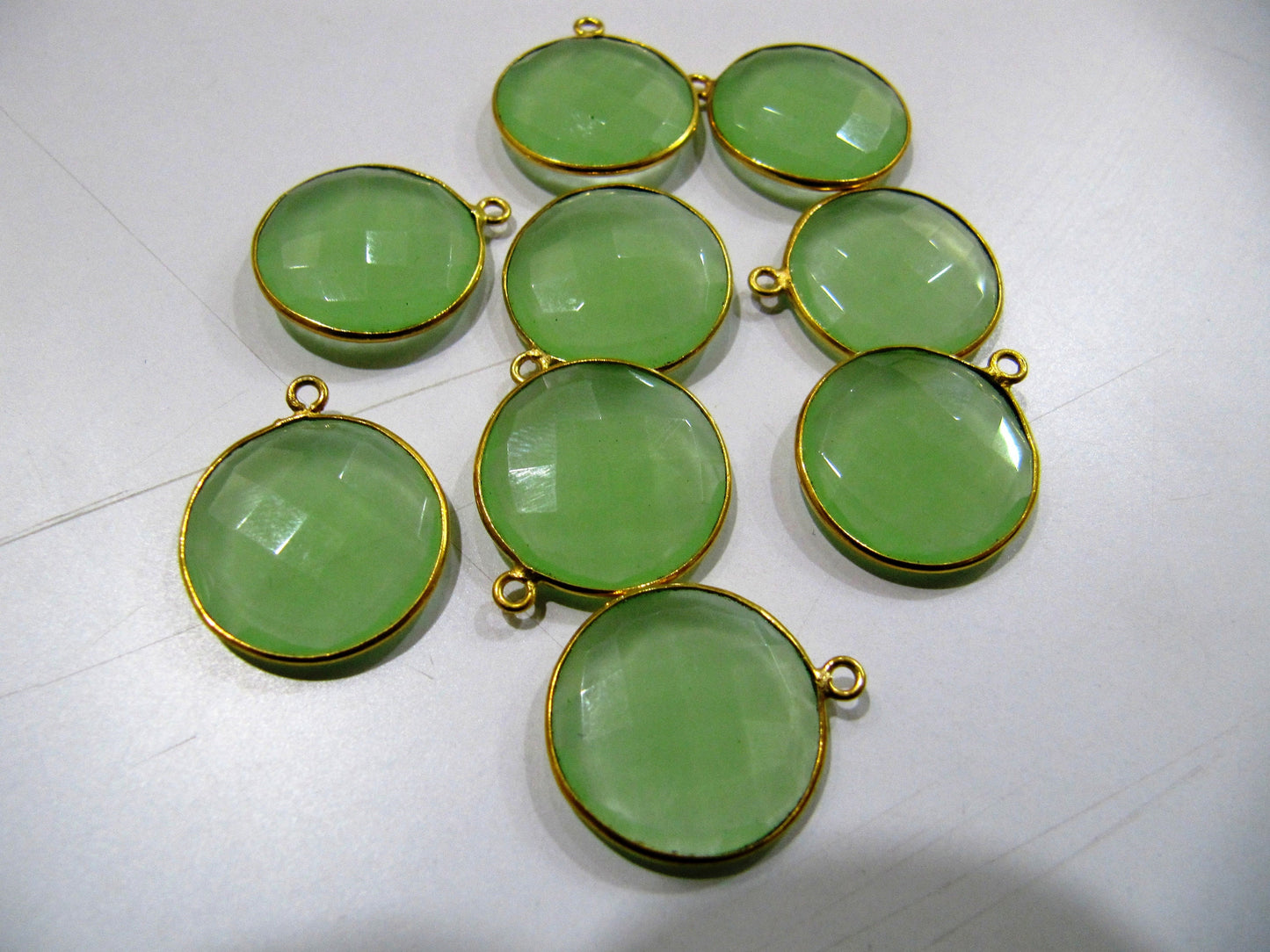 6 Pcs Set Green Chalcedony Round coin Shape 20mm Briolette Connectors Green Chalcedony Plated Single  Loop Bezel Jewelry Making  Connector