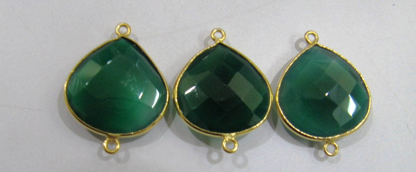 Natural Green Onyx Heart Shape 20mm Briolette Bezel Connectors  Double Loop Bezel Jewelry Making charms sold per piece