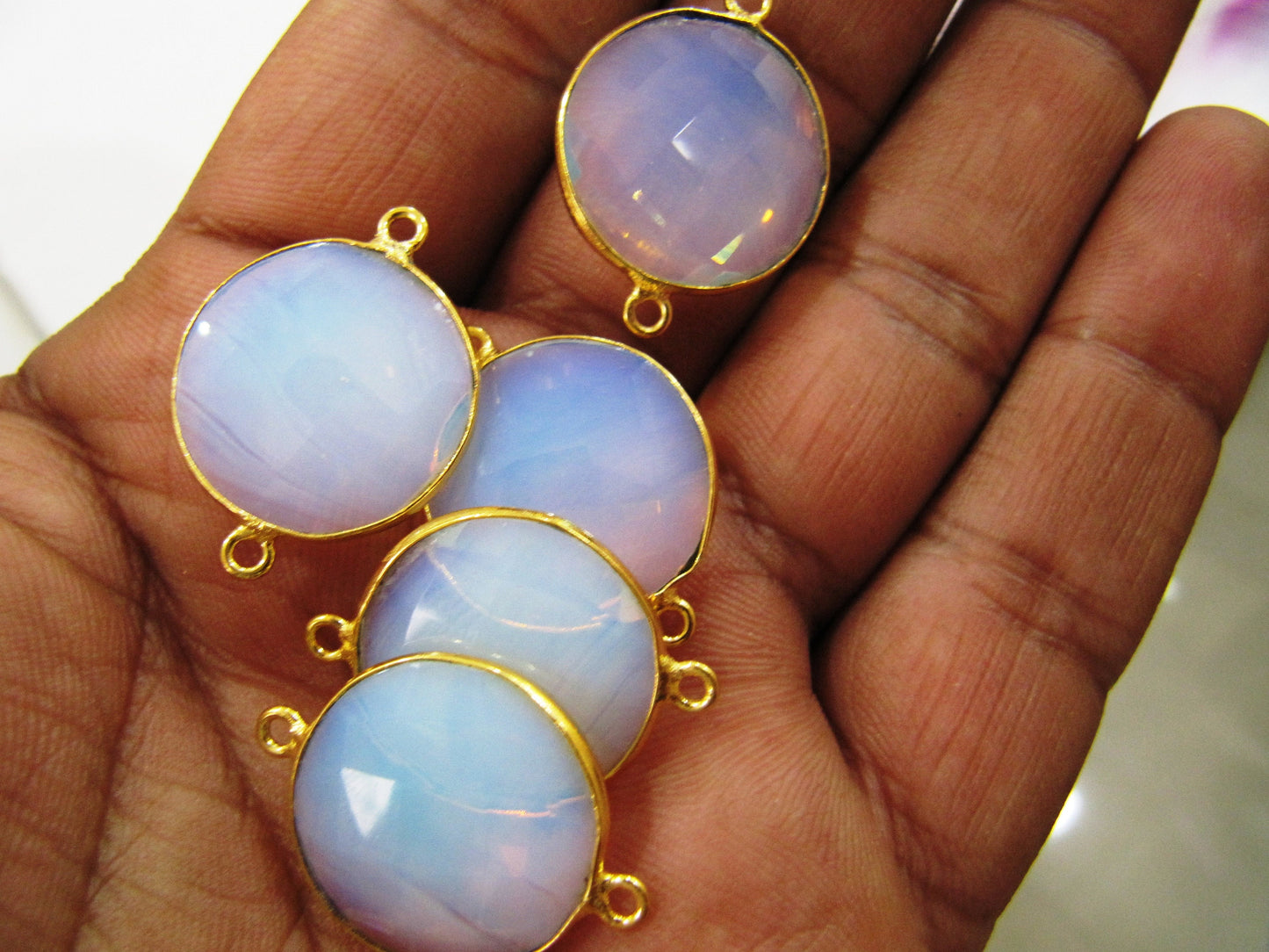White Opalite Coin Shape Briolette Connector Double Loop Bezel Wholesale Prices Top Quality Jewelry Making charms sold per piece