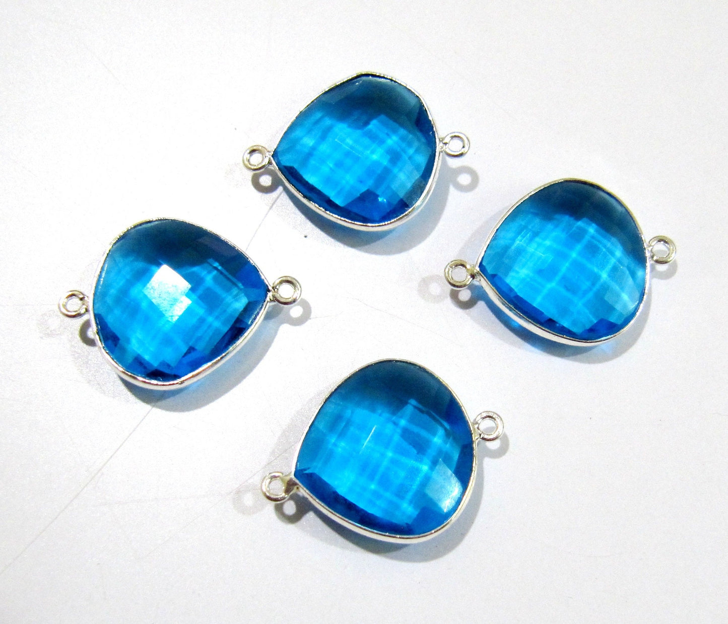 6 Pcs Set Swiss Blue Topaz  High Finished Heart Shape 17mm Briolette Connectors Quartz Plated Double Loop Bezel Jewelry Making Connector