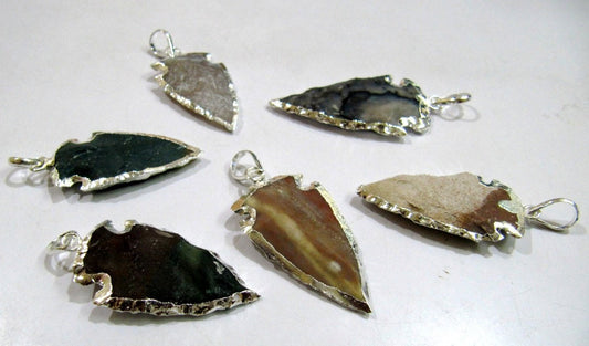 2 Pcs Set Natural Jasper Silver Electroplated Edge Single Loop Arrowhead Connector Charms Pendant Size 1 to 1.5 Inches Long