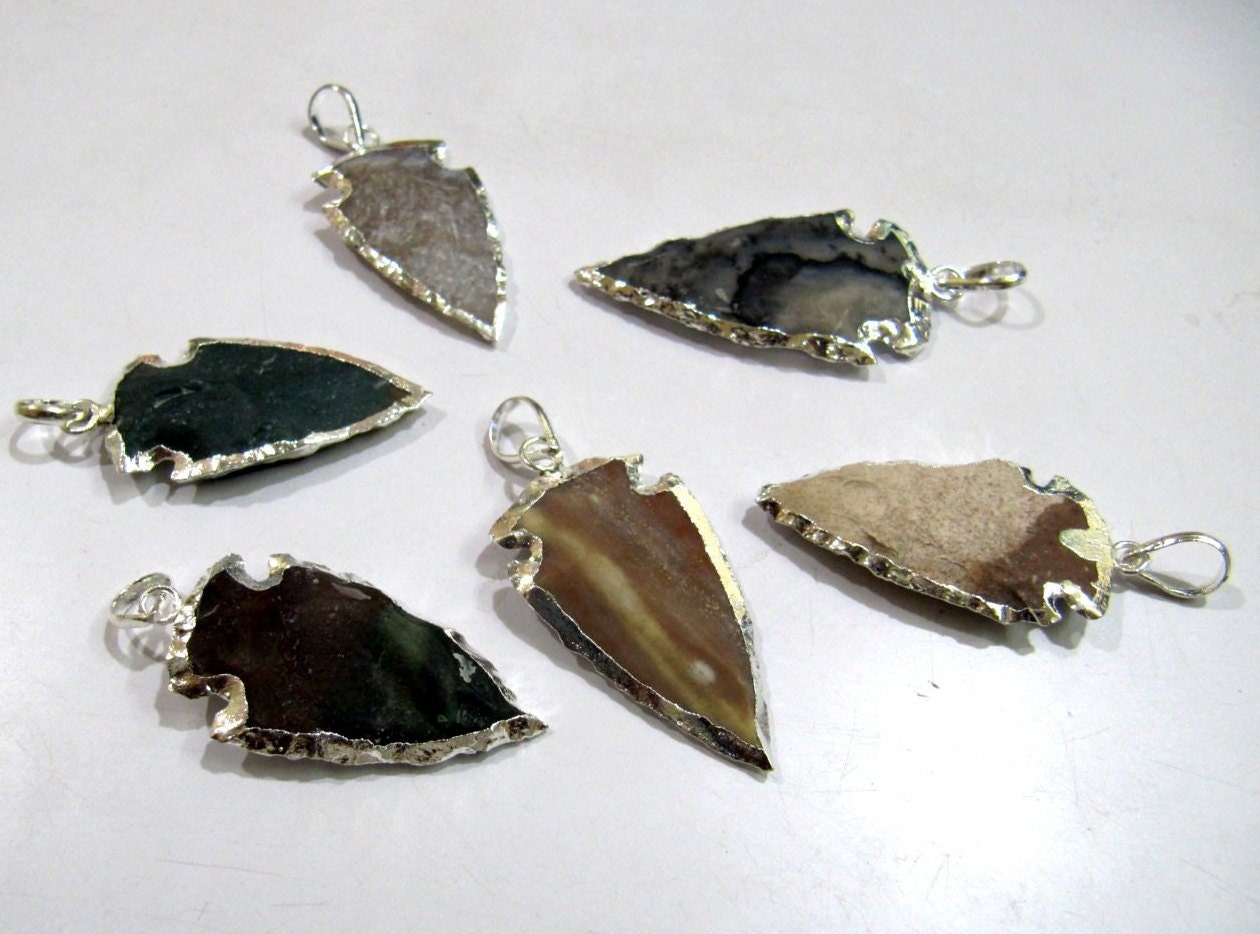 2 Pcs Set Natural Jasper Silver Electroplated Edge Single Loop Arrowhead Connector Charms Pendant Size 1 to 1.5 Inches Long