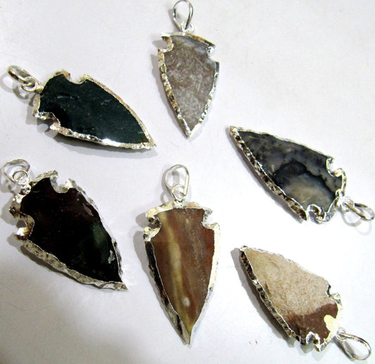 2 Pcs Set Natural Jasper Silver Electroplated Edge Single Loop Arrowhead Connector Charms Pendant Size 2 to 2.5 Inches Long