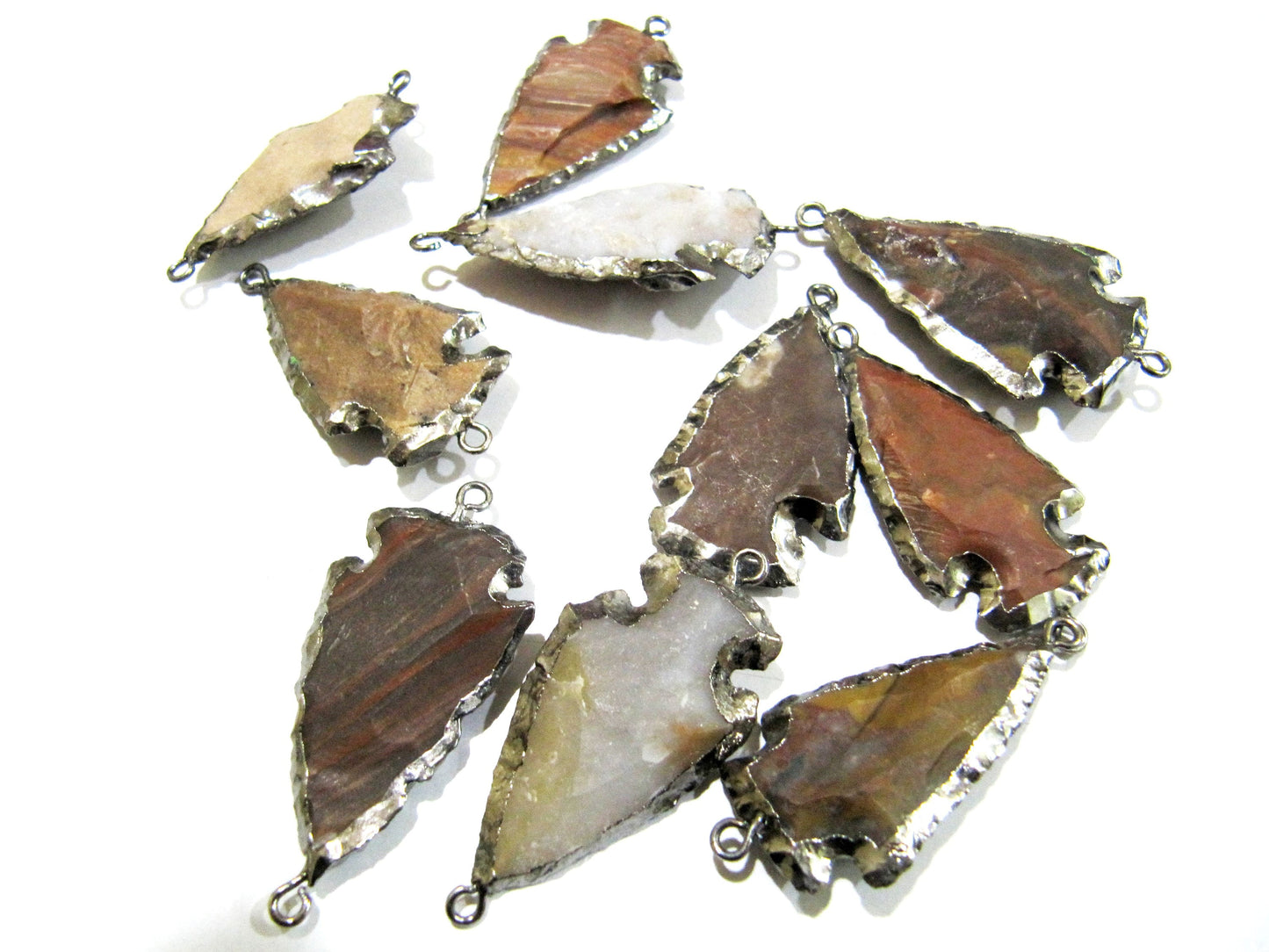 2 Pcs Set Natural Jasper Silver Electroplated Edge Double Loop Arrowhead Connector Charms Pendant Size 1 to 1.5 Inches Long