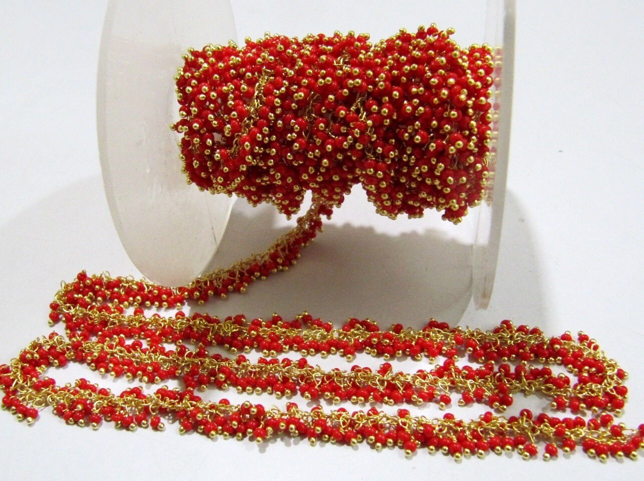 Red Coral Smooth 2mm Beads Cluster Chain Handmade Hydro Quartz Wire Wrapped Beaded Cluster Dangling Chain Sold Per Foot