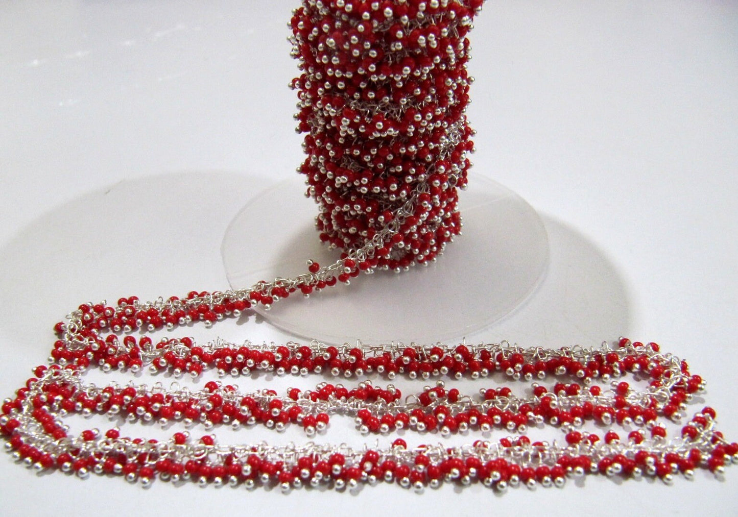 Red Coral Smooth 2mm Beads Cluster Chain Handmade Hydro Quartz Wire Wrapped Beaded Cluster Dangling Chain Sold Per Foot