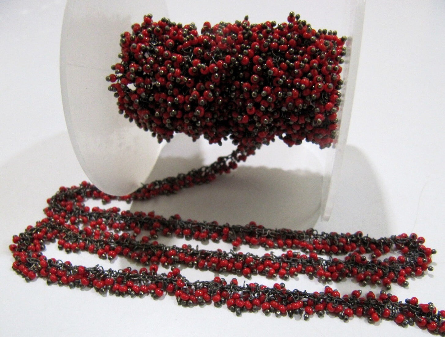Red Coral Smooth 2mm Beads Cluster Chain Handmade Hydro Quartz Wire Wrapped Beaded Cluster Dangling Chain Sold Per Foot