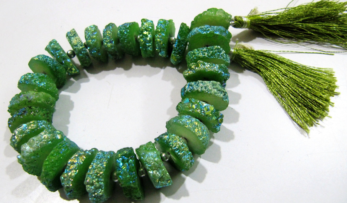 Green Color Solar Quartz Slice Beads Disc Sparkling Beads 15to20mm Strand 8 inches long Green Color Druzy Beads Wholesale Prices