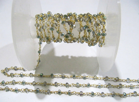 3 Feet-Peacock Pyrite Hydro Quartz AB Coated Rondelle 3mm Faceted Beaded Rosary Chain High Quality Wholesale Price Crystal Chain