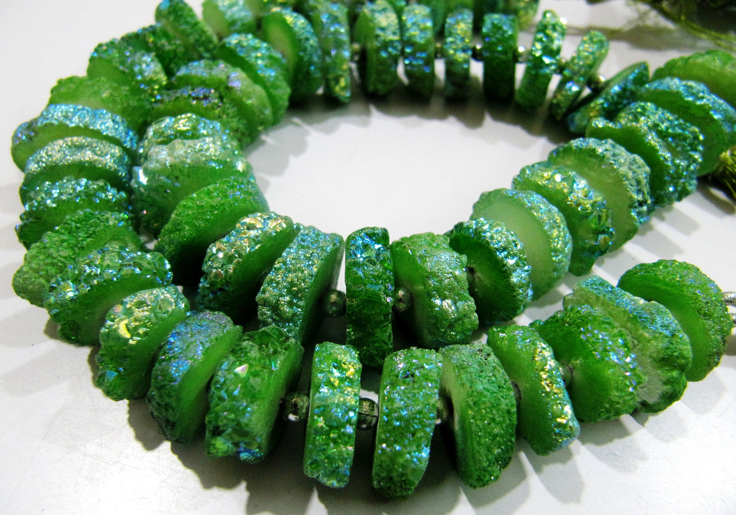 Green Color Solar Quartz Slice Beads Disc Sparkling Beads 15to20mm Strand 8 inches long Green Color Druzy Beads Wholesale Prices