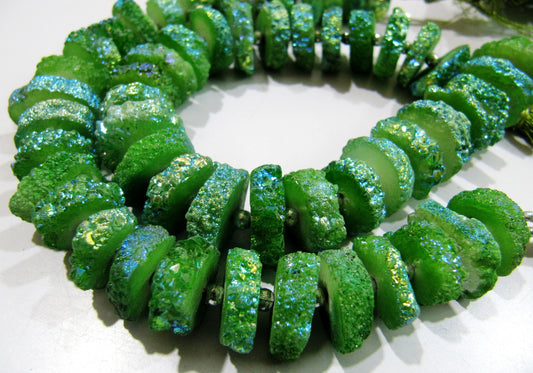 Green Color Solar Quartz Slice Beads Disc Sparkling Beads 15to20mm Strand 8 inches long Green Color Druzy Beads Wholesale Prices