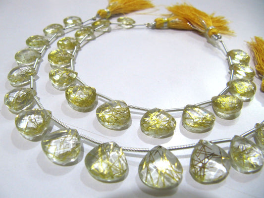 Golden Rutilated Hydro Quartz Heart Shape 11-12 mm Briolette Beads Strand 8 Inch Long Golden Color Heart Shape Beads