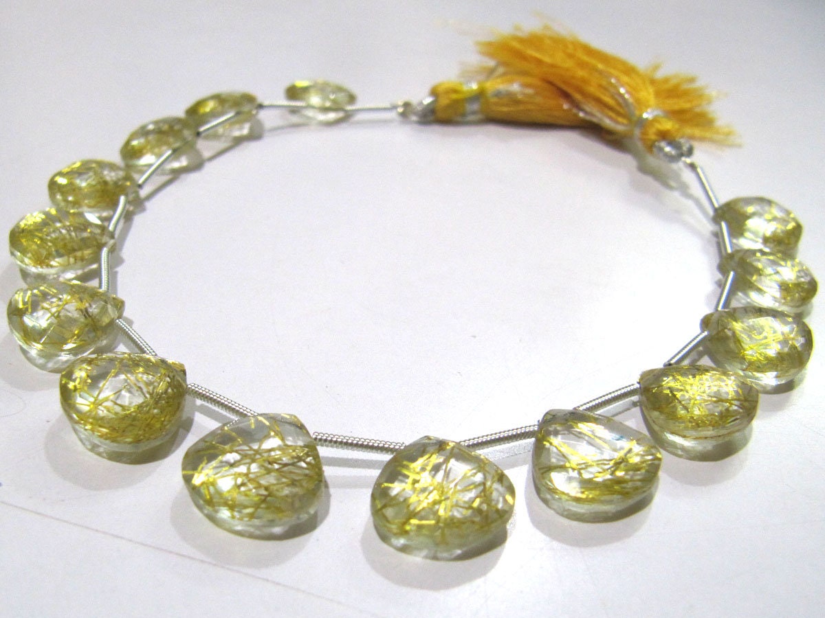 Golden Rutilated Hydro Quartz Heart Shape 11-12 mm Briolette Beads Strand 8 Inch Long Golden Color Heart Shape Beads