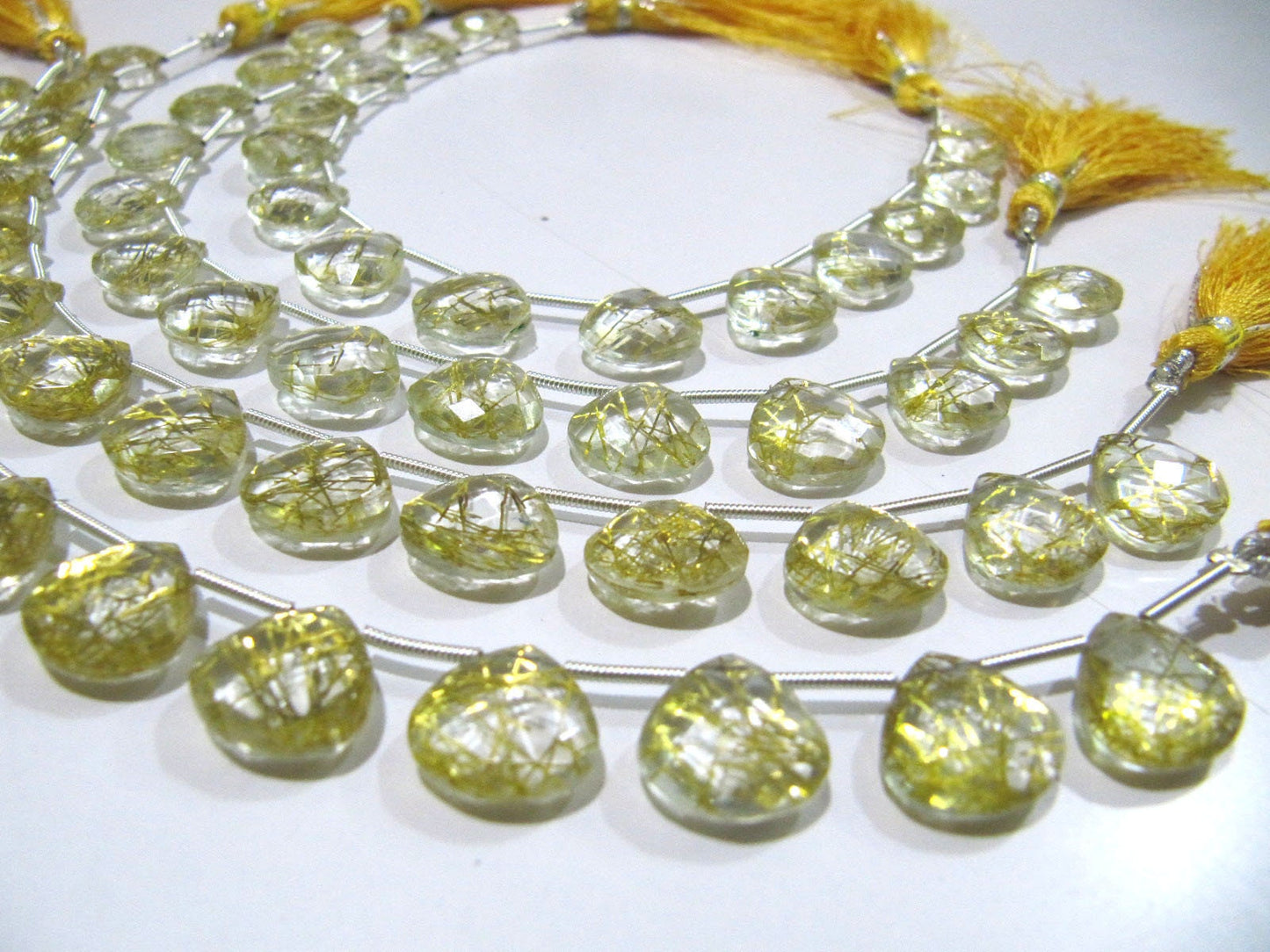 Golden Rutilated Hydro Quartz Heart Shape 11-12 mm Briolette Beads Strand 8 Inch Long Golden Color Heart Shape Beads