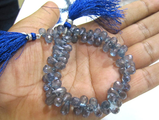 Natural Rock Crystal Tear Drop Shape Briolette Beads, 5x9mm To 6x10mm AB Mystic Coated Blue Crystal Beads Strand 8 Inches long