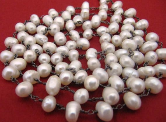 Natural Pearl 6-7mm- Wire Wrapped Smooth Plain Beads Rosary Beaded Chain Gemstone Link Chain Wholesale Prices Sold per foot