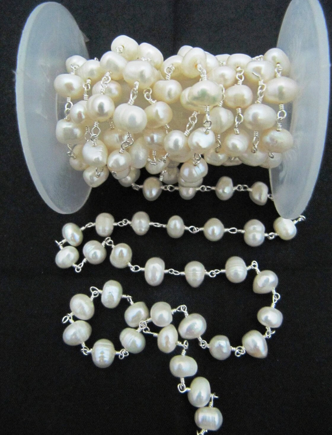 Natural Pearl 6-7mm- Wire Wrapped Smooth Plain Beads Rosary Beaded Chain Gemstone Link Chain Wholesale Prices Sold per foot