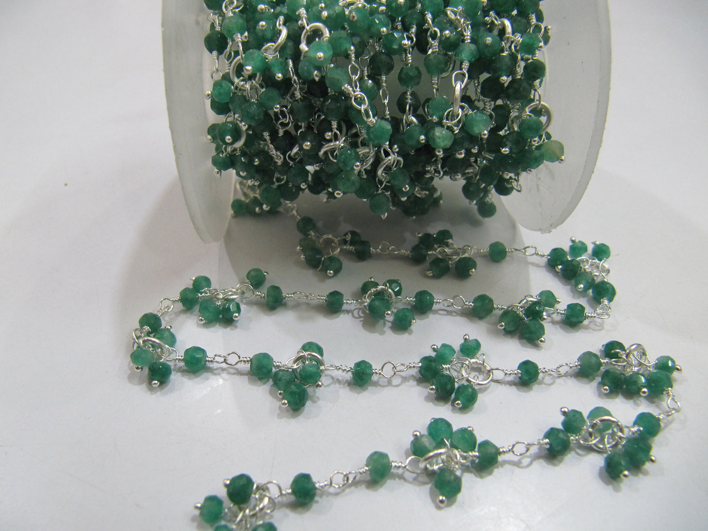 1 Foot-  Dyed Emerald Beaded Gemstone Flower Chain Rondelle faceted Beads 3 to 4mm size, Dangling Chain Semi Precious Stones Jewelry Chains