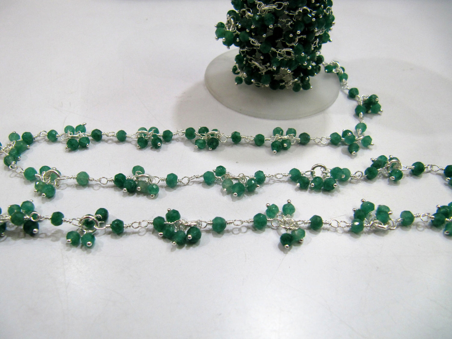 1 Foot-  Dyed Emerald Beaded Gemstone Flower Chain Rondelle faceted Beads 3 to 4mm size, Dangling Chain Semi Precious Stones Jewelry Chains