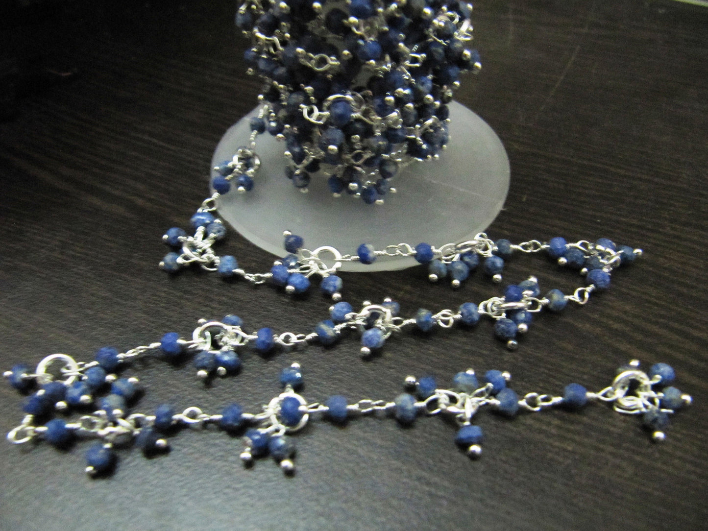 Natural Lapis lazuli Beaded Gemstone Flower Chain Rondelle faceted Beads 3 to 4mm size, Cluster Dangling Chain Sold per FOOT