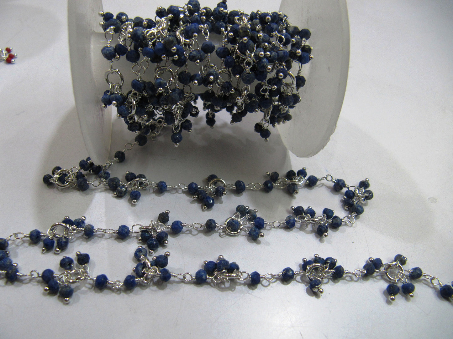 Natural Lapis lazuli Beaded Gemstone Flower Chain Rondelle faceted Beads 3 to 4mm size, Cluster Dangling Chain Sold per FOOT