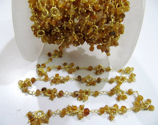 Natural Hessonite Garnet Beaded Flower Cluster Chain, Rondelle faceted 3-4mm beads Handmade Dangling Chain sold per foot