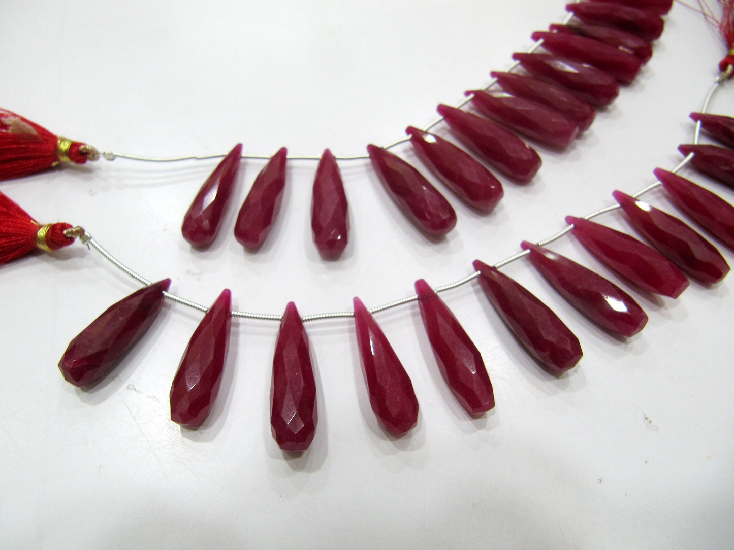 Ruby Long Tear Drop  Shape Briolette  Faceted Beads  Approx 1 inch Long beads  Sold per strand  8 inches long Jewelry Making Dyed Beads