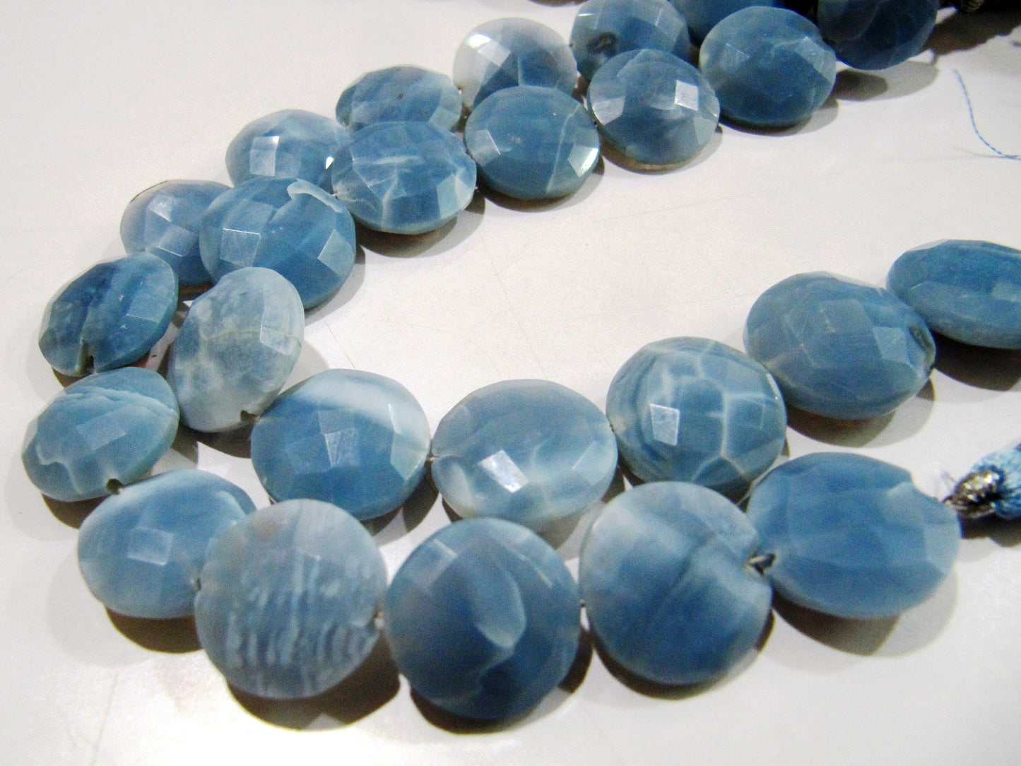 Natural Blue Opal Round Coin shape Briolette Faceted 14-15mm Beads  Sold per strand 8 inches long Top Quality Gemstone beads