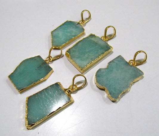 2 Pcs Set-Natural Amazonite Slice Pendant Free Form Connector Charm With 24kt Gold Electroplated Edge Single Loop 1 inch approximately