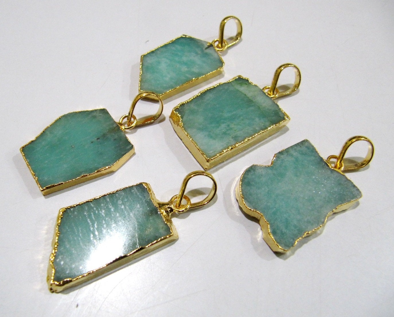 2 Pcs Set-Natural Amazonite Slice Pendant Free Form Connector Charm With 24kt Gold Electroplated Edge Single Loop 1 inch approximately