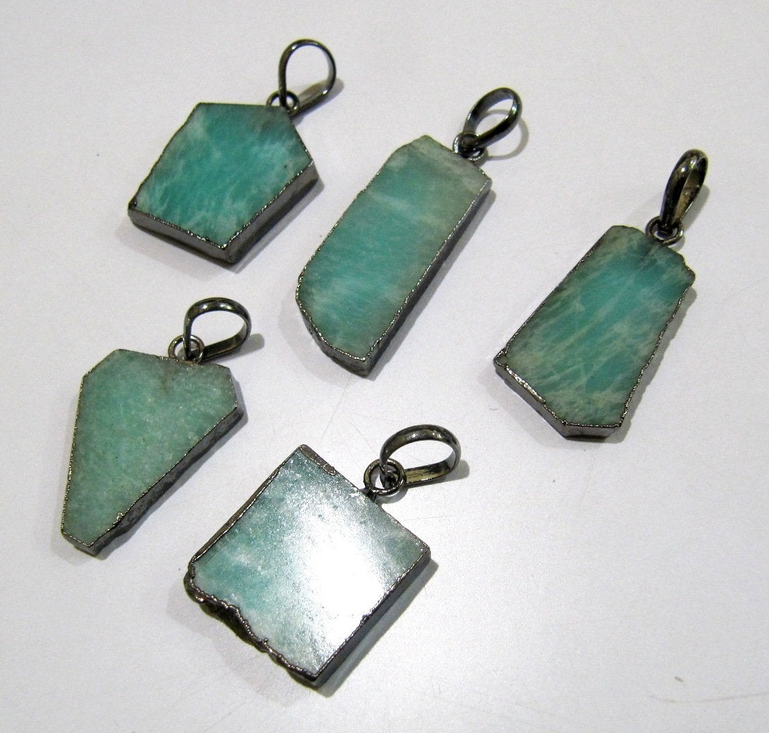 2 Pcs Set-Natural Amazonite Slice Pendant Free Form Connector Charm With Black Electroplated Edge Single Loop 1 inch approximately