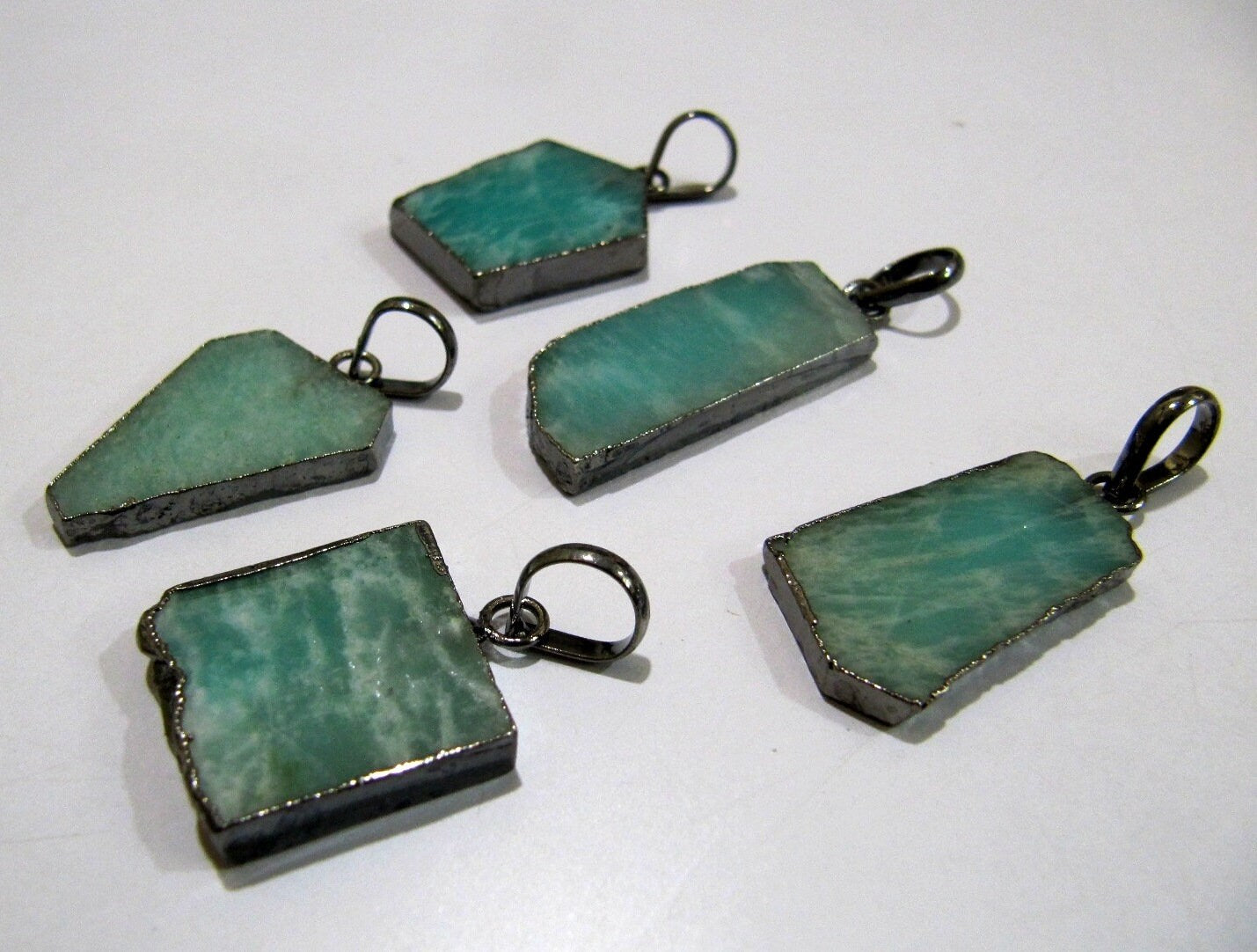 2 Pcs Set-Natural Amazonite Slice Pendant Free Form Connector Charm With Black Electroplated Edge Single Loop 1 inch approximately