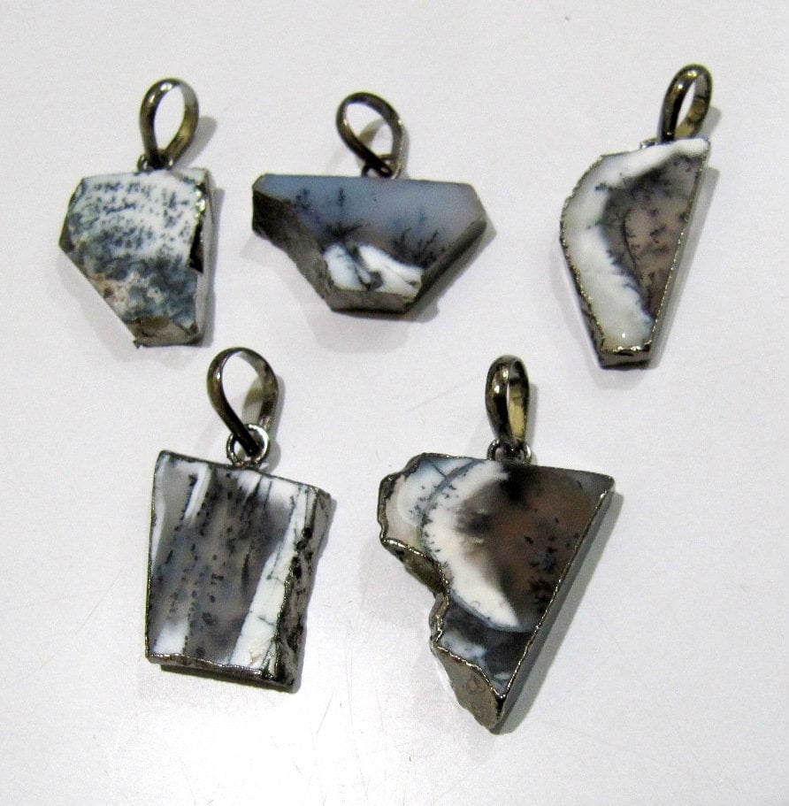 Natural Dendrite Slice Pendant Free Form Connector Charm With Black Electroplated Edge Single Loop 1 inch approximately sold per piece
