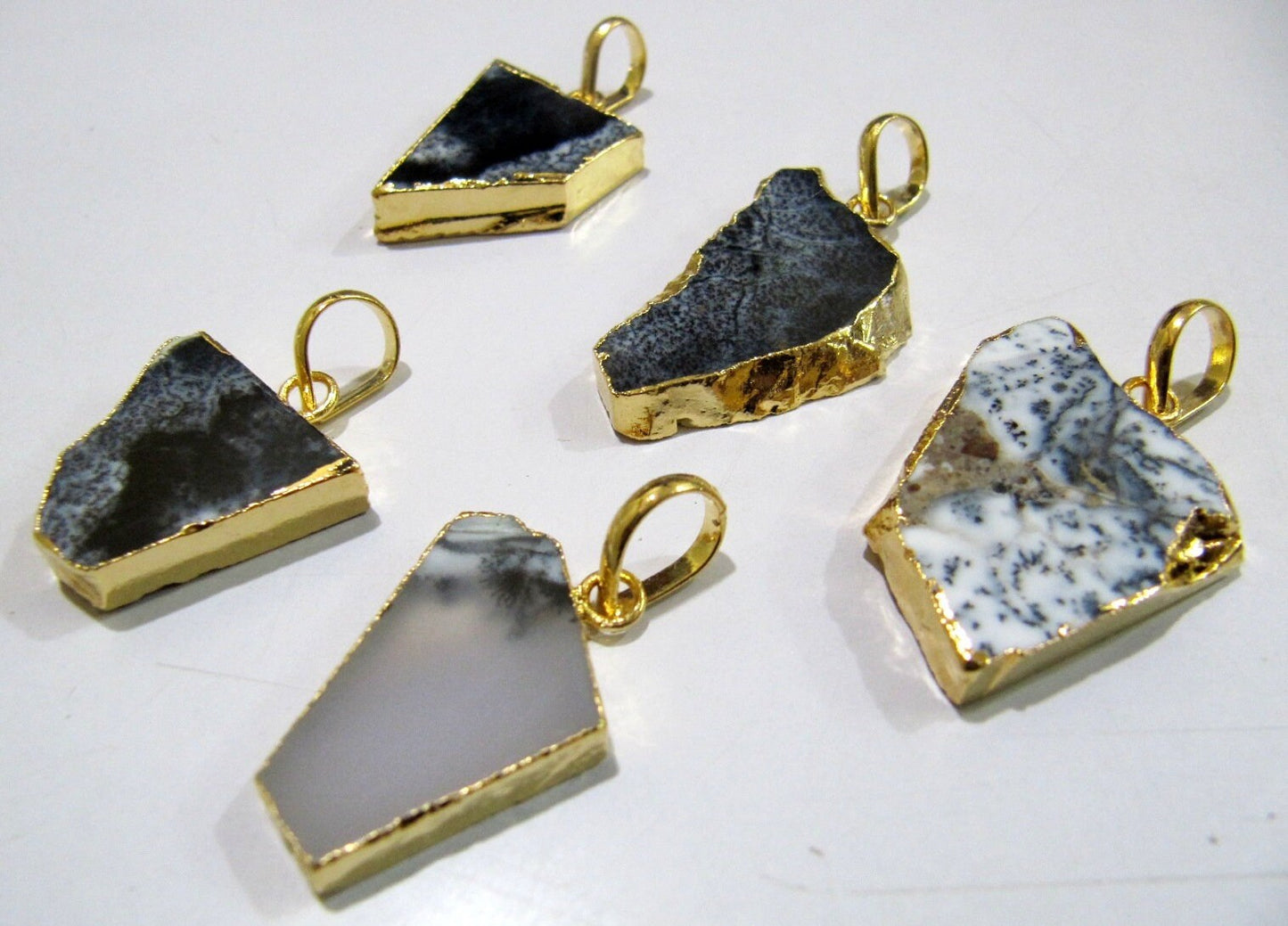 2 Pcs Set-Natural Dendrite opal Slice Pendant Free Form Connector Charm With 24K Gold Electroplated Edge Single Loop 1 inch approximately