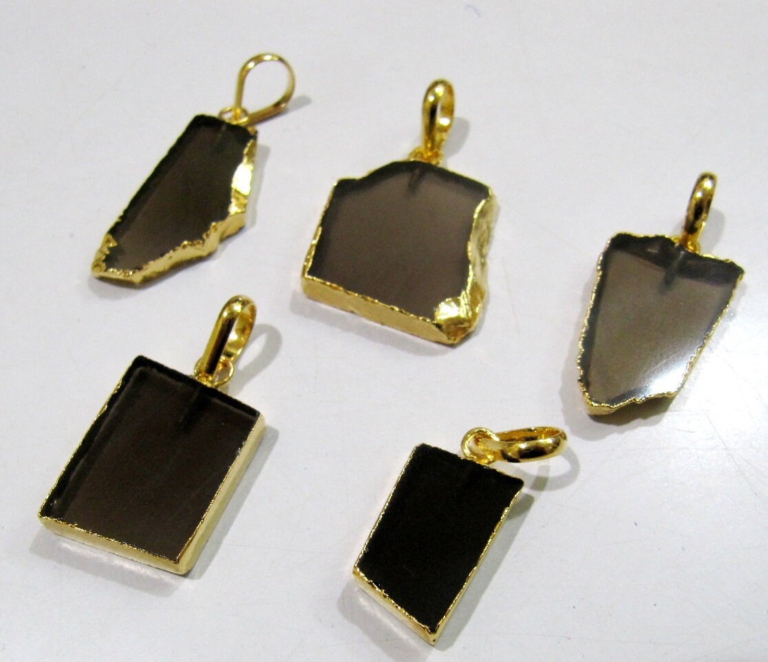 2 Pcs Set-Natural Smoky Quartz Slice Pendant Free Form Connector Charm With 24K Gold Electroplated Edge Single Loop 1inch approximately