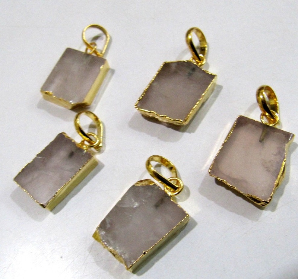 2 Pcs Set-Natural Rose Quartz Slice Pendant Free Form Connector Charm With 24K Gold Electroplated Edge Single Loop 1 inch approx