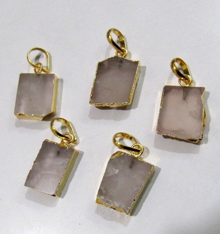 2 Pcs Set-Natural Rose Quartz Slice Pendant Free Form Connector Charm With 24K Gold Electroplated Edge Single Loop 1 inch approx
