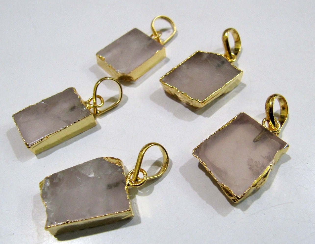 2 Pcs Set-Natural Rose Quartz Slice Pendant Free Form Connector Charm With 24K Gold Electroplated Edge Single Loop 1 inch approx