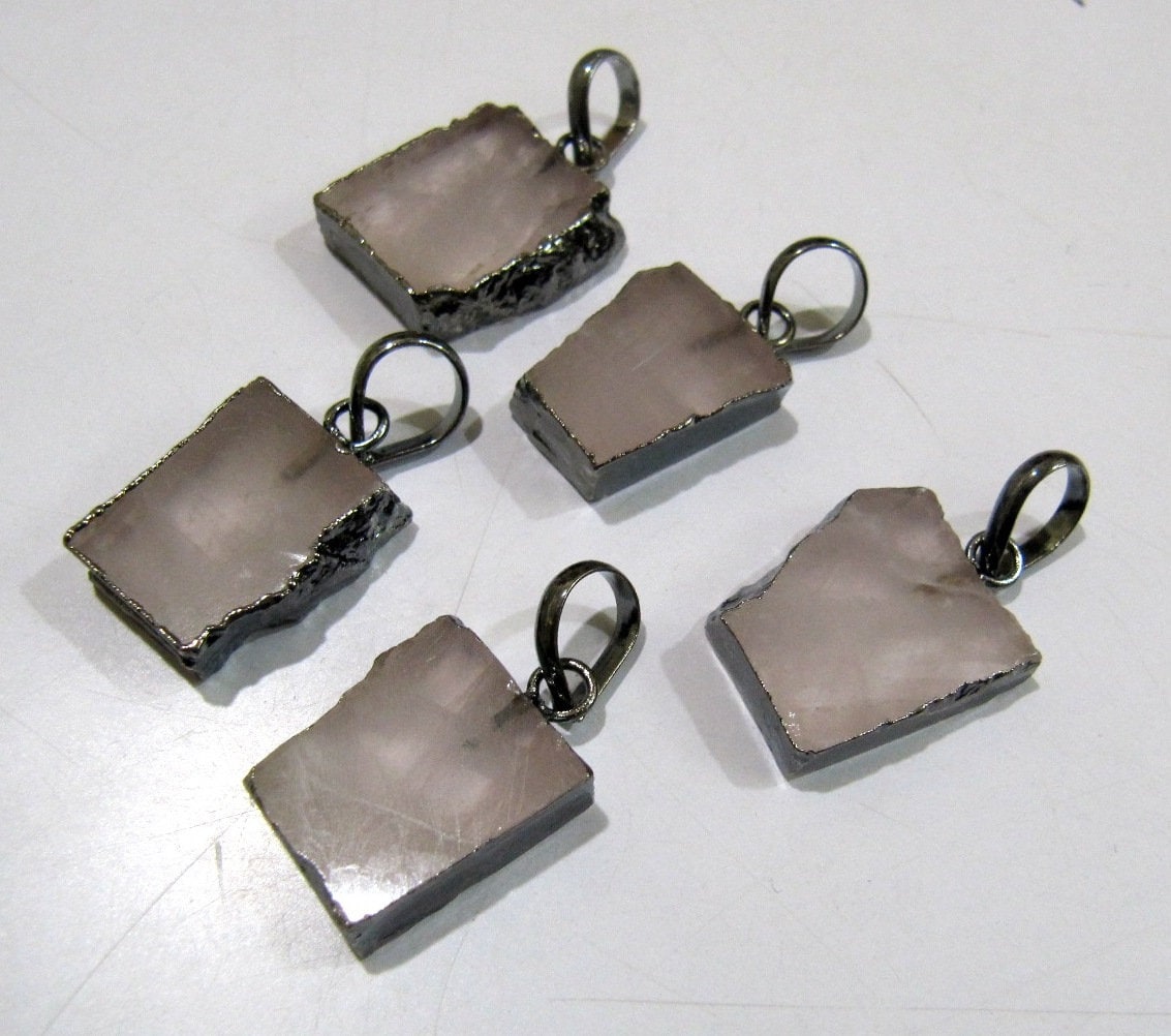 2 Pcs Set-Natural Rose Quartz Slice Pendant Free Form Connector Charm With Black Oxidized  Electroplated Edge Single Loop 1inch approx