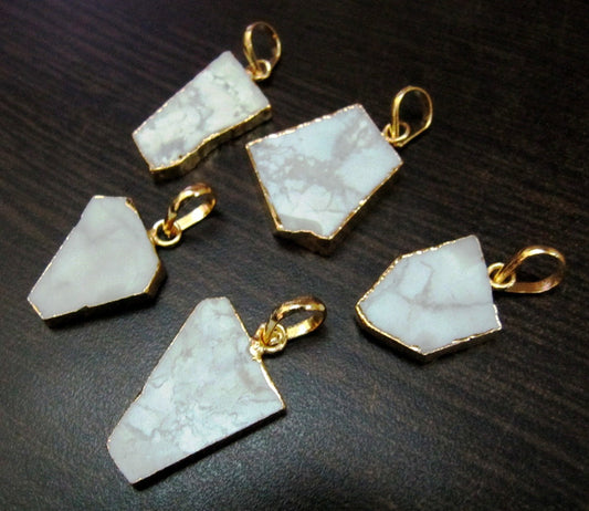 2 Pcs Set-Natural White Agate Slice Pendant Free Form Connector Charm With 24K Gold  Electroplated Edge Single Loop 1 inch approximately