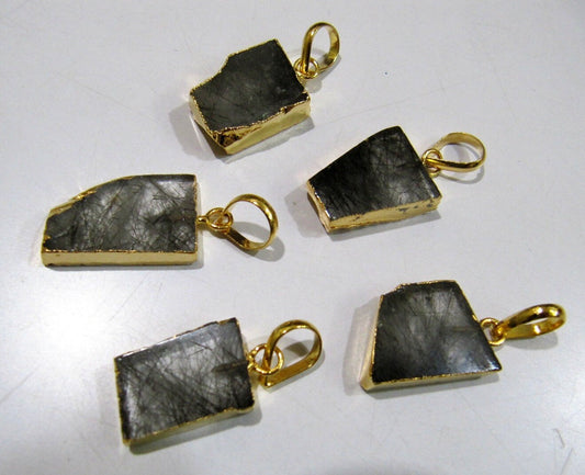 2 Pcs Set-Natural Black Rutilated Quartz Slice Pendant Free Form Charm With 24K Gold Electroplated Edge Single Loop 1 inch  long