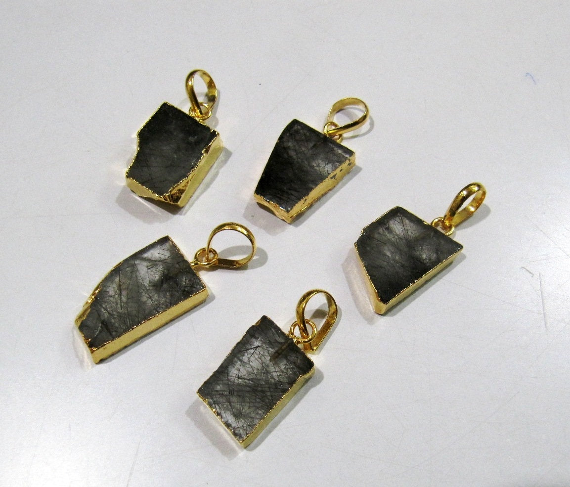 2 Pcs Set-Natural Black Rutilated Quartz Slice Pendant Free Form Charm With 24K Gold Electroplated Edge Single Loop 1 inch  long